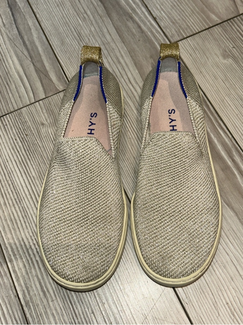 Rothy’s Kids Slip-On Woven Canvas Sneakers in Natural with Blue Accent size K1